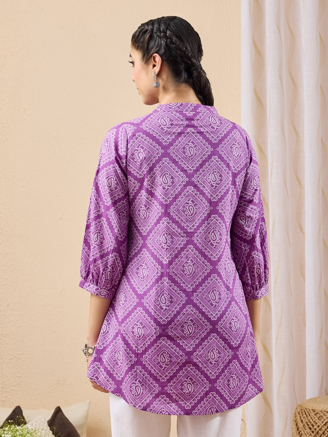 Naanu purple cotton tunic with white bandhani paisley print, puff sleeves, and mandarin collar.