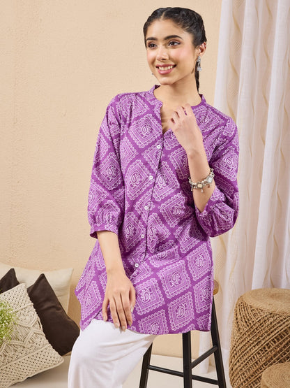 Naanu purple cotton tunic with white bandhani paisley print, mandarin collar, button-down front, and puff sleeves.