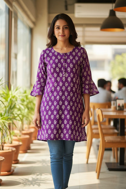 Naanu royal purple cotton kurti with white dabu floral print and 3/4 bell sleeves, worn by a woman with blue jeans.