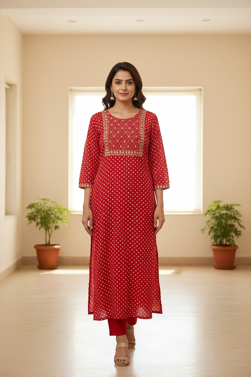 Naanu red cotton kurta with white bandhani dots, gold zari yoke, and full sleeves. Model is wearing red pants and beige sandals.