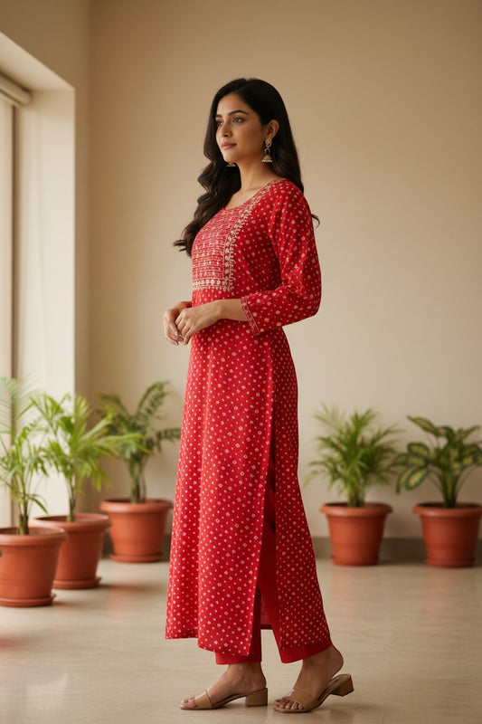 Naanu red cotton kurta with white bandhani dots, gold zari yoke, and full sleeves. Model wears it with red pants.