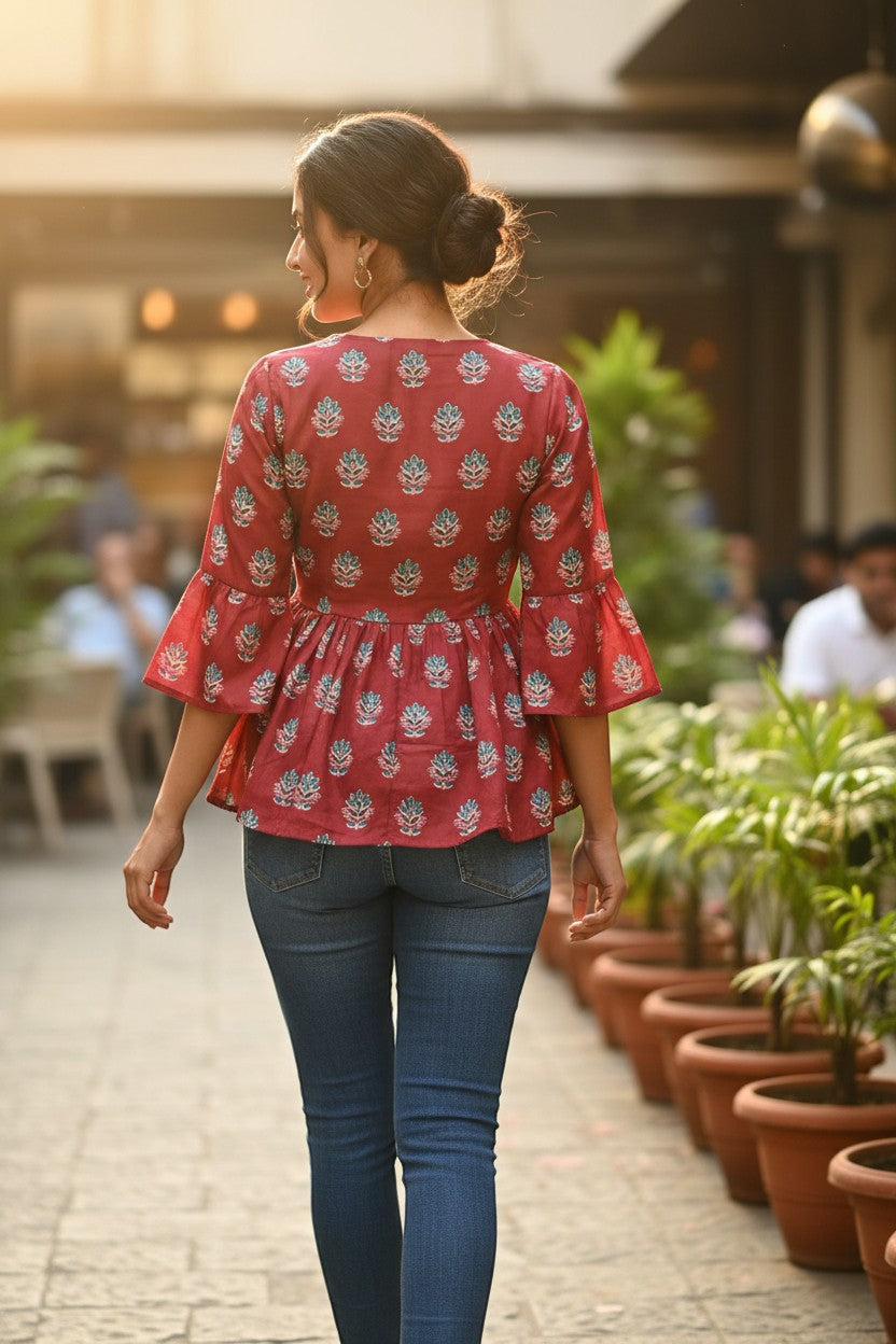 Naanu red cotton peplum top with blue and white buta print, bell sleeves, and V-neck, paired with blue jeans.