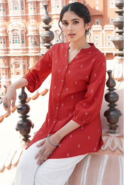 Naanu red cotton tunic with tonal butti print, Mandarin collar, button-down front, and 3/4 sleeves.