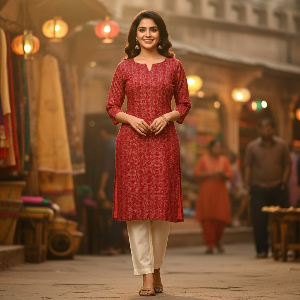 Naanu red crimson cotton kurta with all-over golden diamond bandhani tie-dye print, V-neck, and 3/4 sleeves.