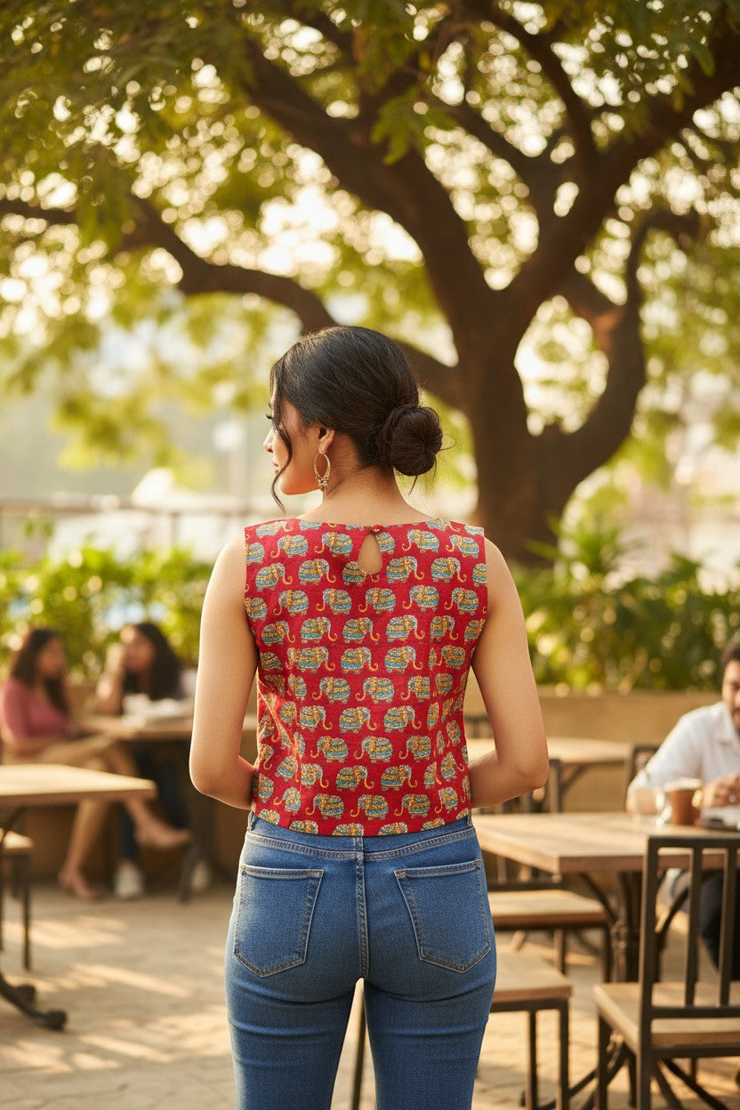 Naanu red sleeveless cotton top with decorative elephant print, keyhole back detail, paired with blue jeans.