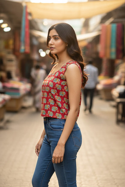 Naanu red cotton sleeveless crop top with decorative elephant print in teal, gold, and white. Square neck.