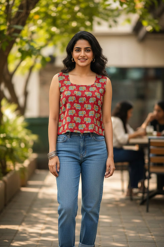 Naanu red sleeveless cotton top with decorative elephant print in teal, gold, and white. Square neck, cropped length.