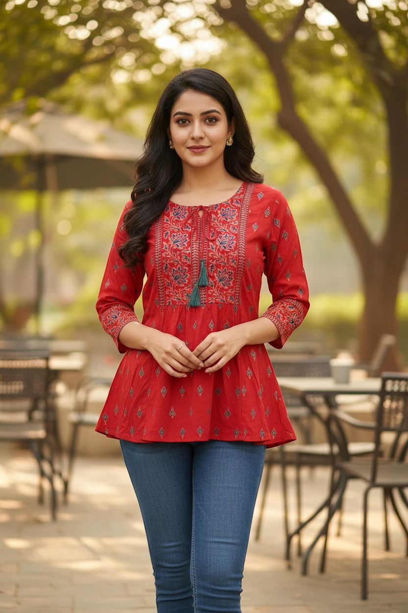 Naanu red rayon kurti with gold butti print, embroidered yoke, tassel tie-up, and peplum flare. 3/4 sleeves.