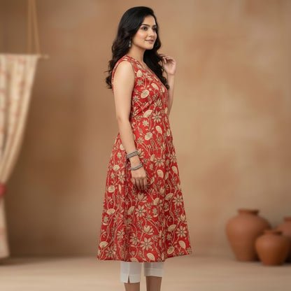 Naanu red cotton A-line kurta with dense cream botanical floral block print and deep V-neck
