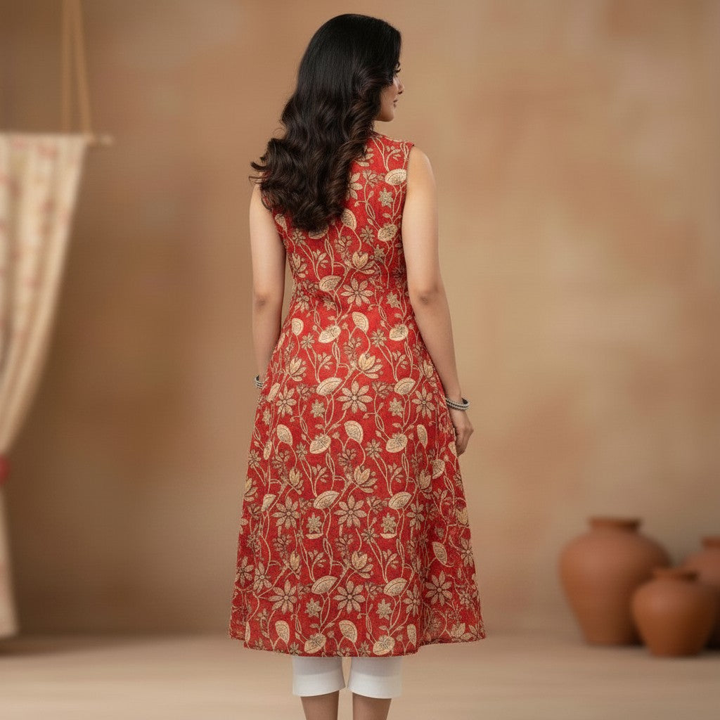 Naanu red and cream cotton A-line kurta with sleeveless deep V-neck and dense botanical floral block print.