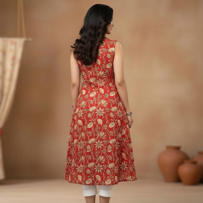 Naanu red and cream cotton A-line kurta with sleeveless deep V-neck and dense botanical floral block print.