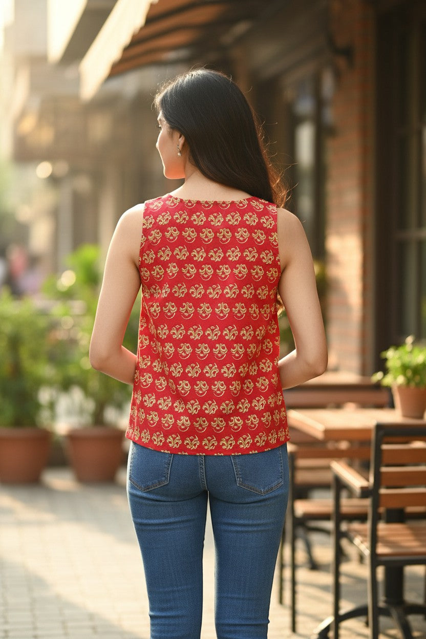 Naanu red cotton sleeveless top with all-over gold Mughal floral boteh print and scoop neck.