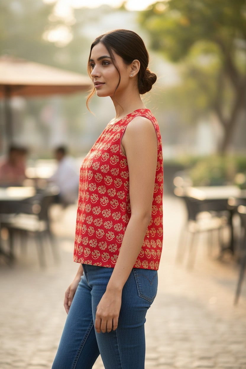 Naanu red cotton sleeveless top with all-over gold Mughal floral boteh print and scoop neck.