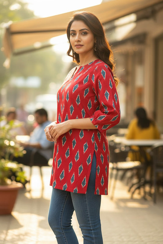 Naanu red cotton kurti with teal blue ikat diamond motif, V-neck, 3/4 sleeves, and side slits, worn by a woman with jeans.