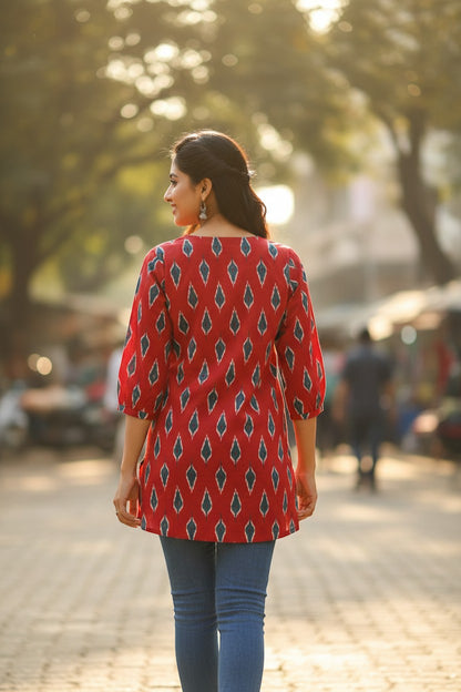 Naanu red cotton kurti with teal blue ikat diamond print, V-neck, and 3/4 sleeves, worn by a woman walking outdoors.