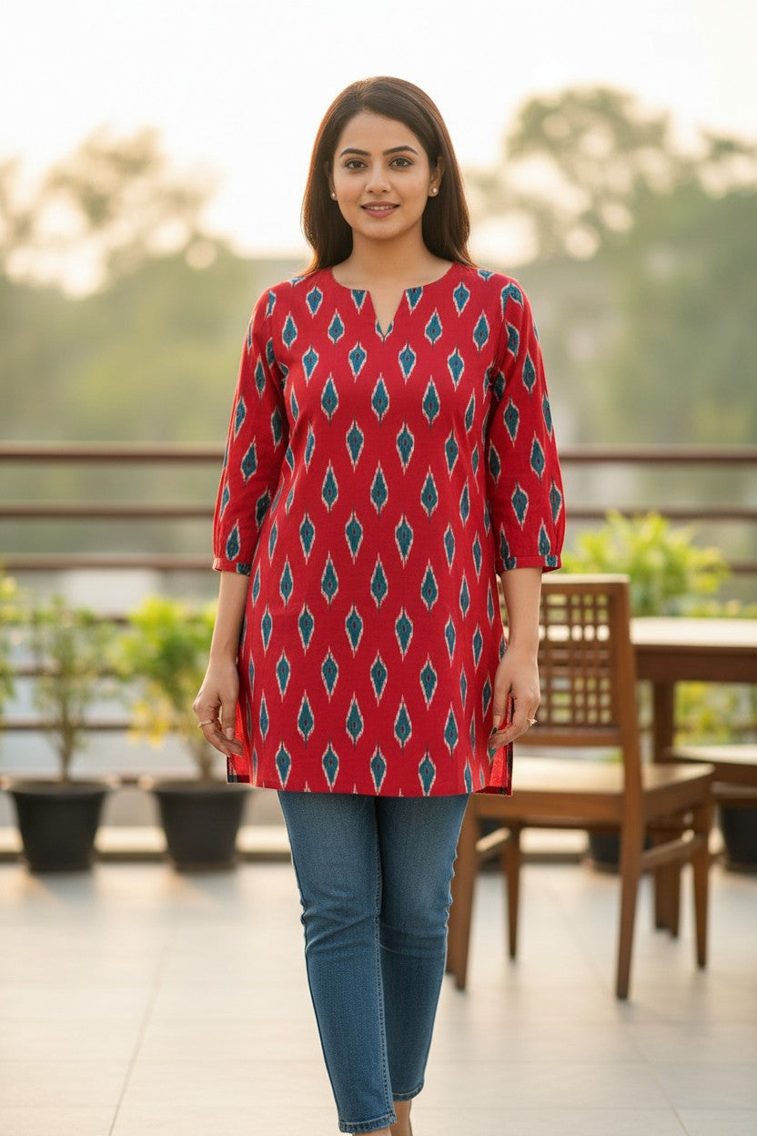 Naanu red cotton kurti with teal blue ikat diamond motif, V-neck, 3/4 sleeves, paired with blue jeans.