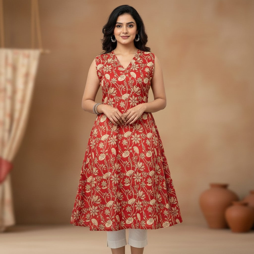 Naanu red cotton A-line kurta with dense cream botanical floral Kalamkari block print and deep V-neck