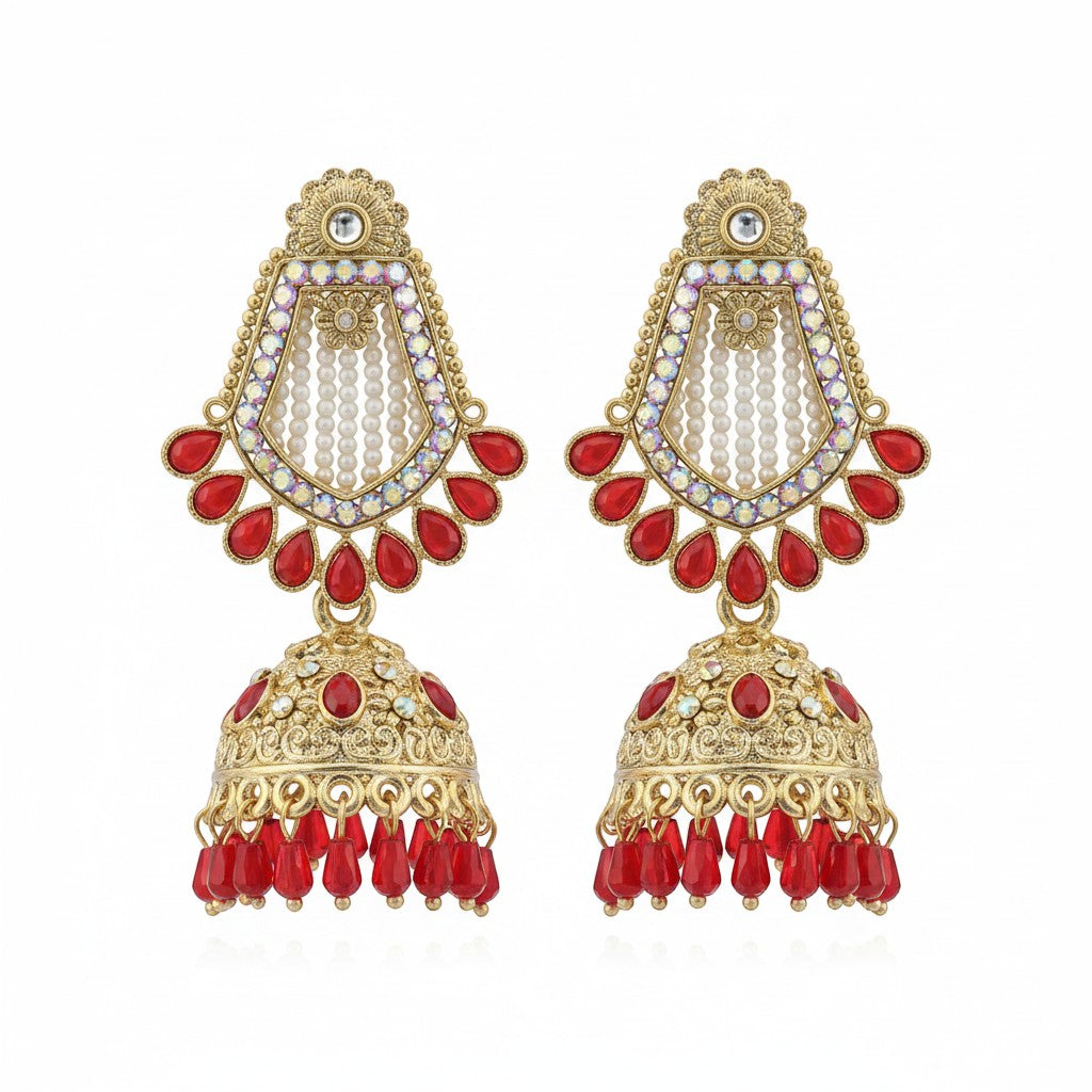 Naanu gold-tone chandbali jhumka earrings with red kundan stones and pearl beads.