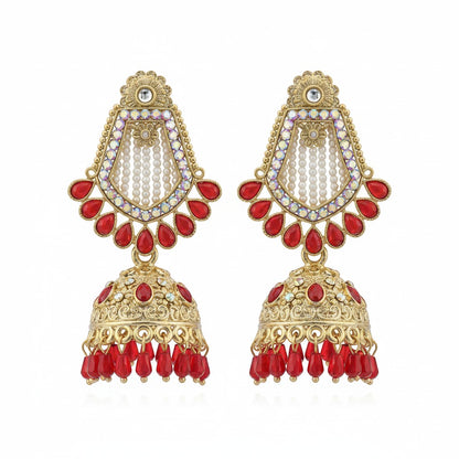 Naanu gold-tone chandbali jhumka earrings with red kundan stones and pearl beads.