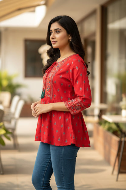 Naanu red rayon kurti with gold butti print, embroidered yoke, tassel tie-up, 3/4 sleeves, and peplum flare.