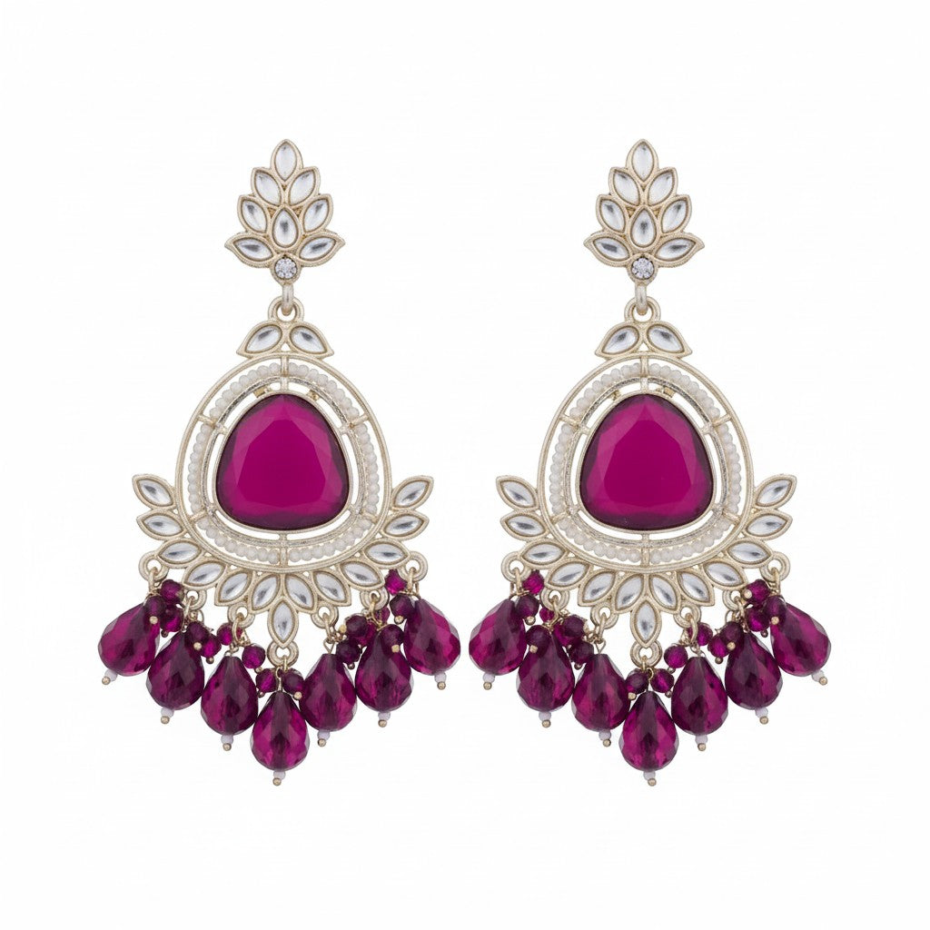 Naanu Royal Purple Kundan Chandbali Earrings with amethyst bead drops and floral stud top. Gold-tone setting with white Kundan stones and pearl accents.