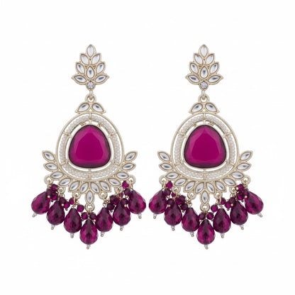 Naanu Royal Purple Kundan Chandbali Earrings with amethyst bead drops and floral stud top. Gold-tone setting with white Kundan stones and pearl accents.