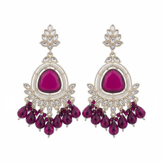 Naanu Royal Purple Kundan Chandbali Earrings with amethyst bead drops and floral stud top. Gold-tone setting with white Kundan stones and pearl accents.