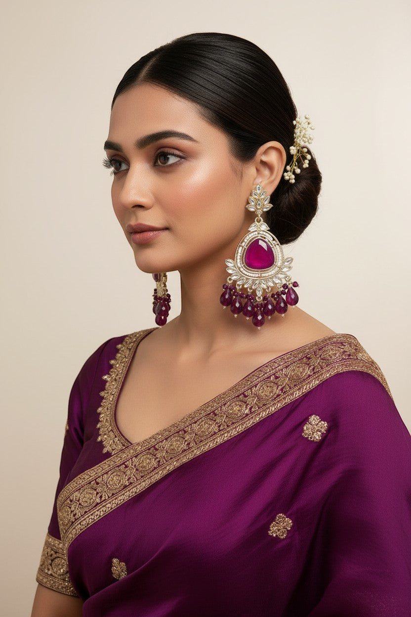 Naanu royal purple kundan chandbali earrings with amethyst bead drops and gold-tone floral stud.