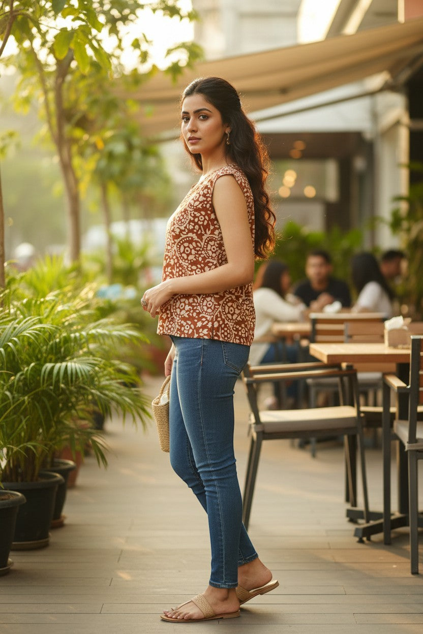 Naanu rust brown sleeveless cotton top with cream paisley block print and V-notch neckline, paired with blue denim jeans.