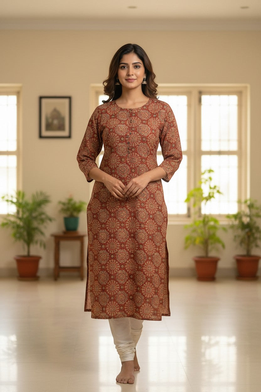 Naanu Rust Terracotta Cream Mandala Ajrakh Block Print Cotton Kurta with 3/4 sleeves and round neck.