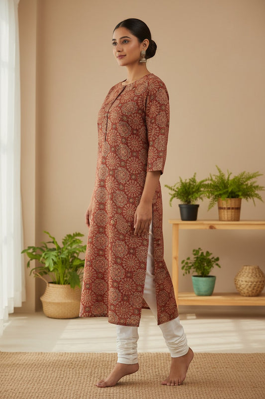 Naanu Rust Terracotta Cream Mandala Ajrakh Block Print Cotton Kurta with 3/4 sleeves and round neck.