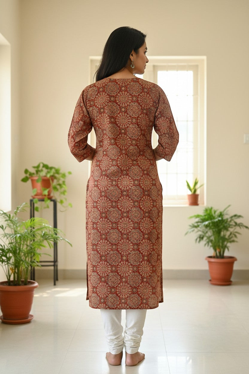 Naanu Rust Terracotta Cream Mandala Ajrakh Block Print Cotton Kurta with 3/4 sleeves and round neck.