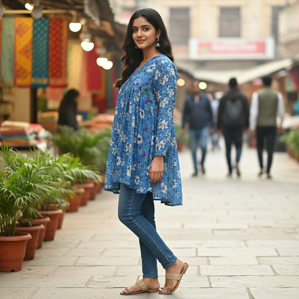 Naanu sky blue georgette top with large white daisy floral print and silver lurex stripes, full sleeves, and pleated bodice.