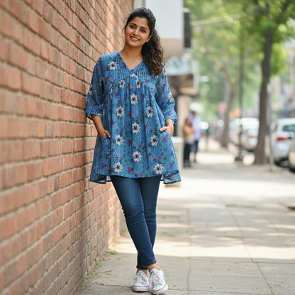 Naanu sky blue georgette top with large white daisy floral print and silver lurex stripes, full sleeves, pleated bodice.