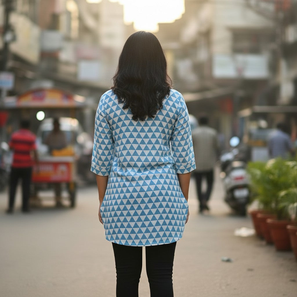 Naanu sky blue and white geometric triangle print 3/4 sleeve cotton tunic top with V-neck and button placket.