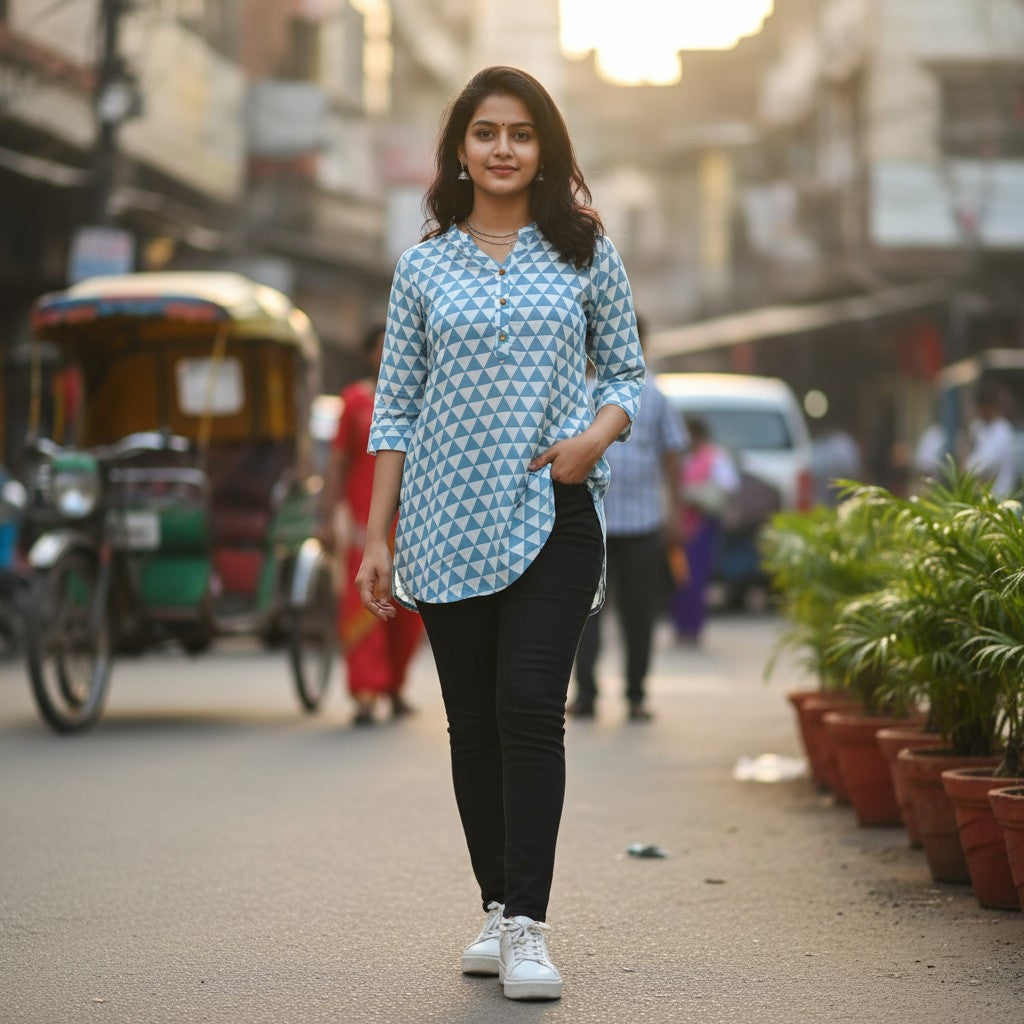 Naanu sky blue and white geometric triangle grid print 3/4 sleeve cotton tunic top with V-neck and button placket.