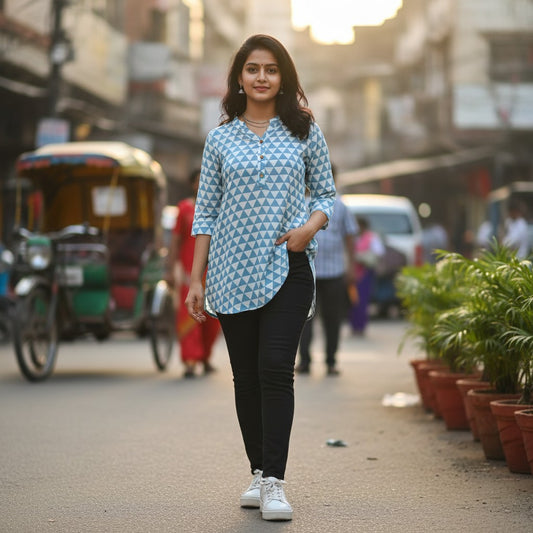 Naanu sky blue and white geometric triangle grid print 3/4 sleeve cotton tunic top with V-neck and button placket.