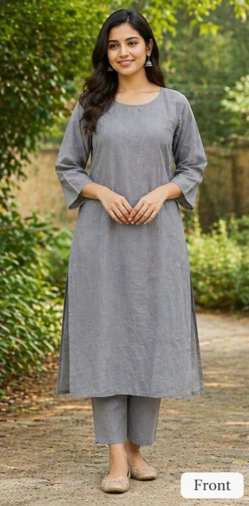 Naanu steel grey solid cotton kurta with 3/4 sleeves and straight pants. Round neckline, no pockets, side slits.