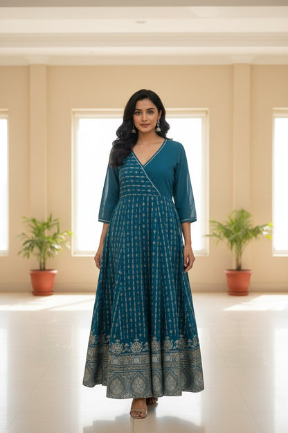 Naanu teal peacock blue cotton angrakha style maxi kurta with gold geometric stripes and floral border. 3/4 sleeves, V-neck.