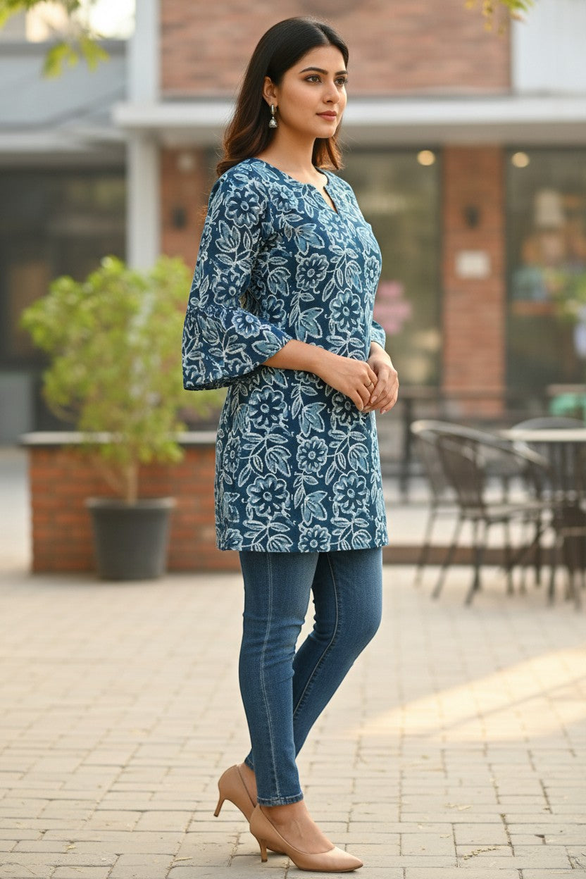 Naanu deep teal blue cotton kurti with white Dabu floral print, V-neck, and 3/4 bell sleeves.