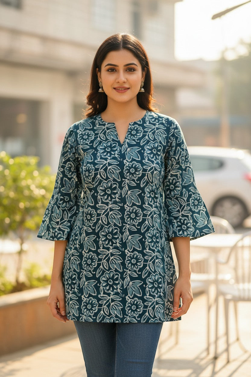 Naanu deep teal blue cotton kurti with white Dabu floral print, V-neck, and 3/4 bell sleeves.