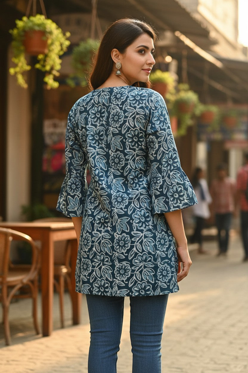 Naanu deep teal blue cotton kurti with white floral Dabu print, V-neck, and 3/4 bell sleeves.