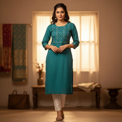 Naanu teal peacock blue cotton kurta with white chikankari embroidery on the yoke and sleeve bands. Straight silhouette, 3/4 sleeves, round neck.