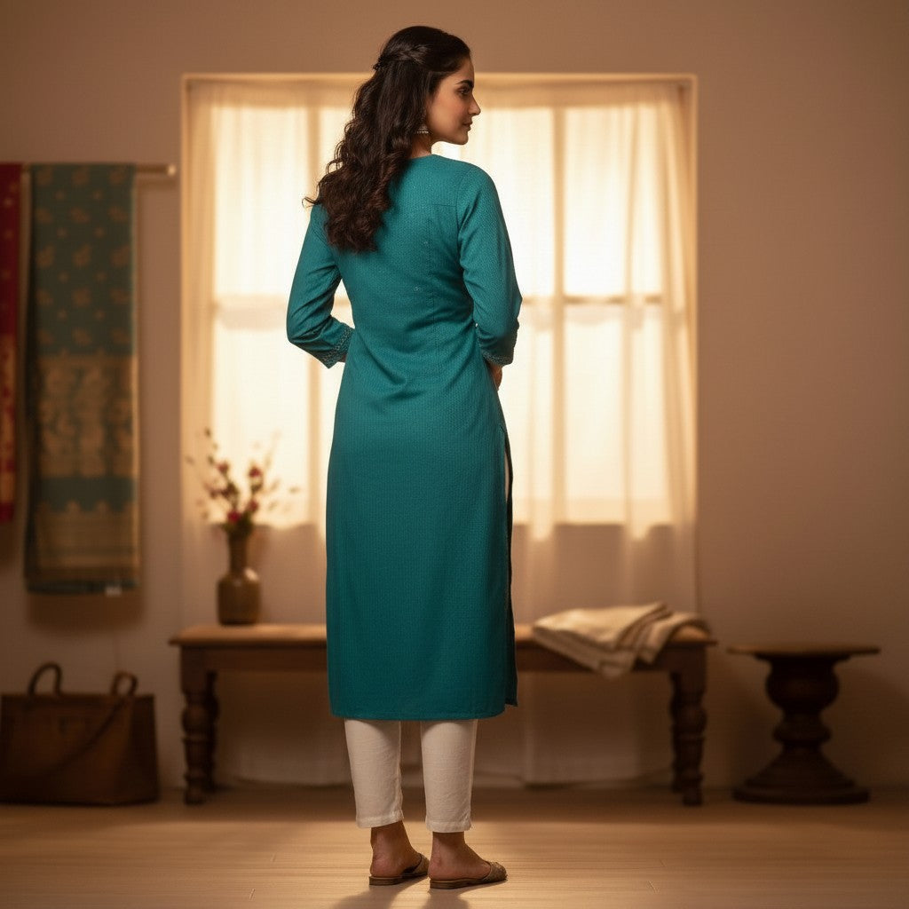 Naanu teal peacock blue cotton kurta with white chikankari embroidery on the yoke and sleeve bands. Straight silhouette, 3/4 sleeves, scoop neck.