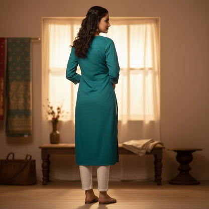 Naanu teal peacock blue cotton kurta with white chikankari embroidery on the yoke and sleeve bands. Straight silhouette, 3/4 sleeves, scoop neck.