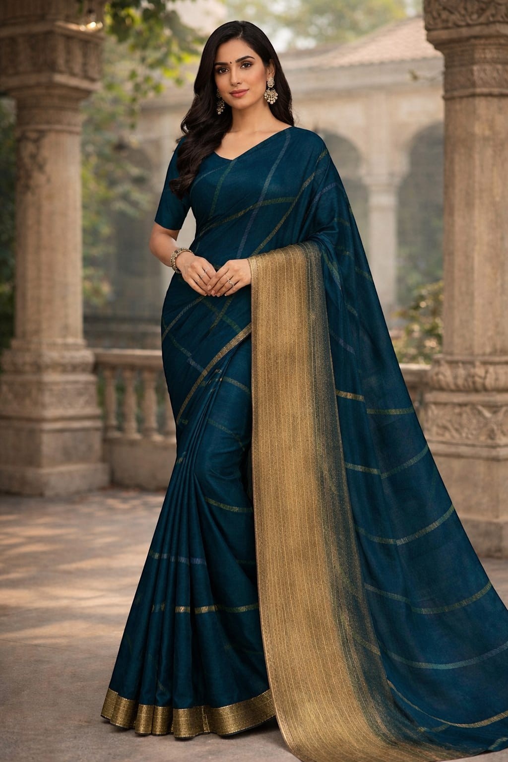 Naanu teal georgette saree with abstract diagonal stripes and gold zari pallu and border. Festive wear.