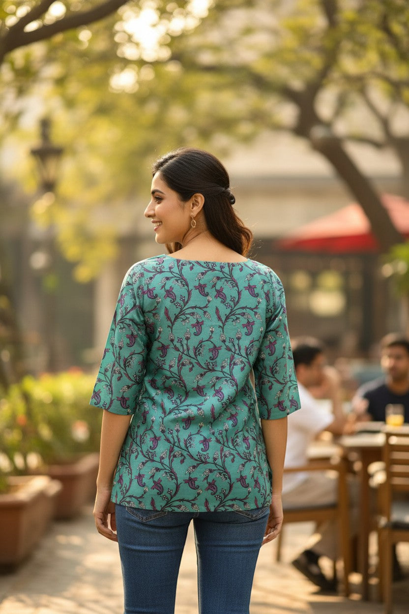 Naanu teal green cotton kurti with purple floral vine print and 3/4 sleeves.