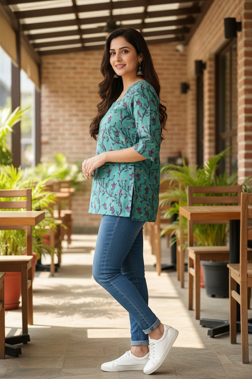 Naanu teal green cotton kurti with floral vine print, square neck, and 3/4 sleeves. A-line fit with side slits.