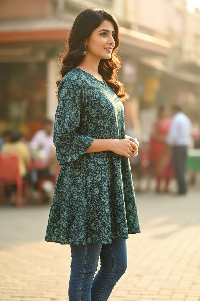 Naanu deep teal green cotton kurti with light teal floral vine jaal print, V-neck, 3/4 flared sleeves, A-line silhouette.