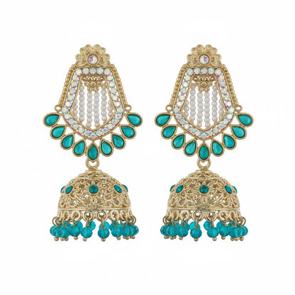 Naanu gold-tone jhumka earrings with teal teardrop kundan stones, pearl beads, and crystal drops.